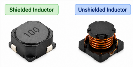 Figure 1. Shielded Inductor is Enclosed, Unshielded Inductor has Exposed Coil