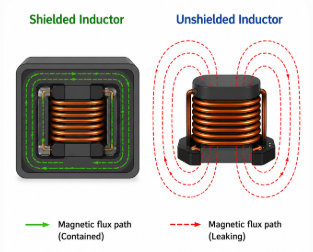 Figure 2. Magnetic Flux Paths in Shielded and Unshielded Inductors